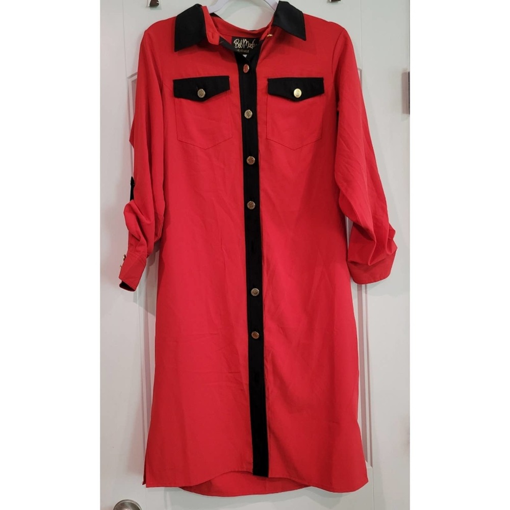 Bob Mackie Wearable Art Shirt Dress Red Black Trim Button Down Long Sleeve Sz XS